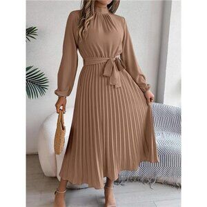 Mock Neck Pleated Midi Dress